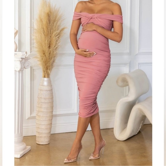 Club L London Pink Maternity Bardot Knot Ruched Cocktail Midi Dress Size US 8. - Picture 1 of 8